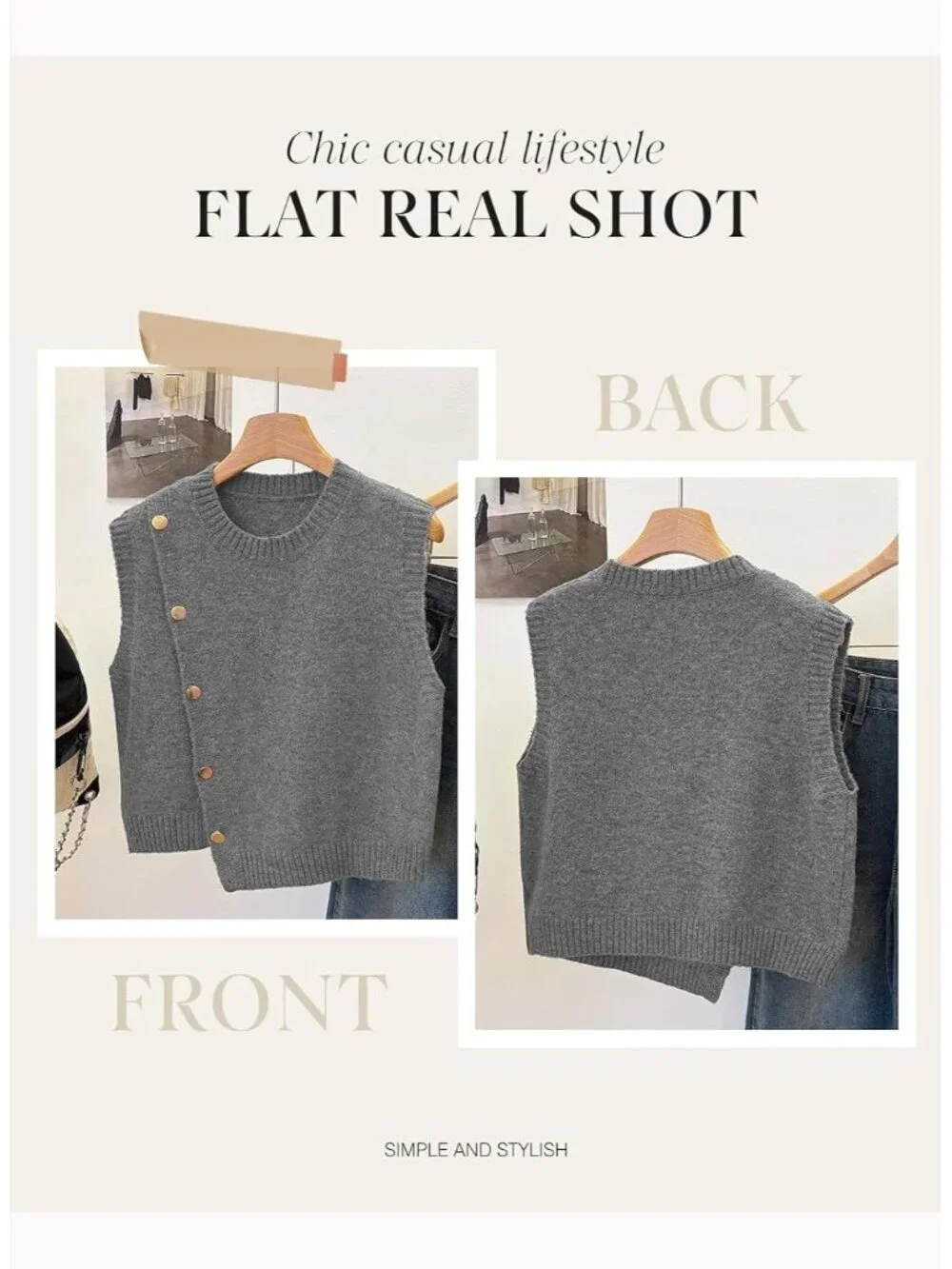 Women's Gray Sleeveless Round Neck Casual Button Decoration Sweater Vest
